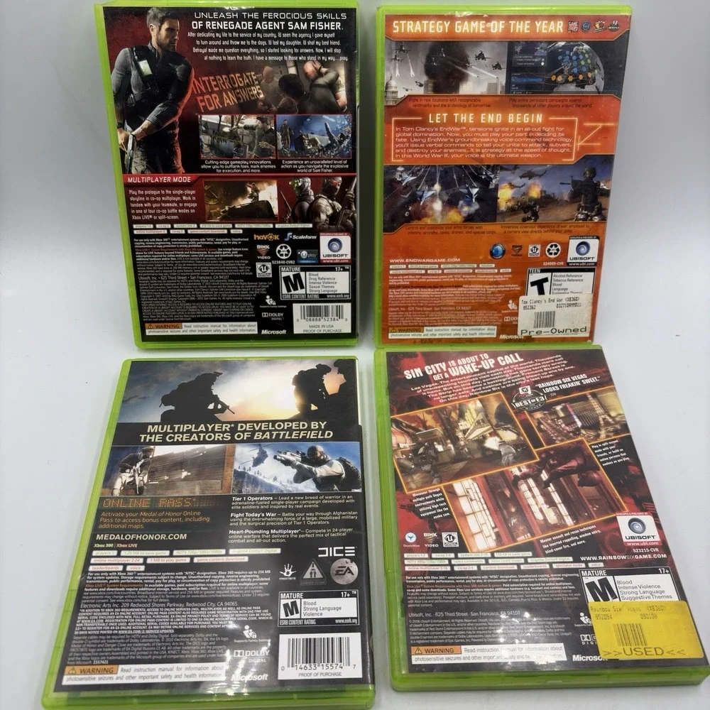 4 Xbox 360 Games Medal Of Honor Tom Clancy's Rainbow 6 Vegas End War Splinter